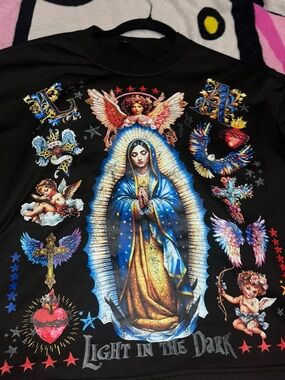 ROMWE Black Sweatshirt with Blue & Gold Religious Graphic